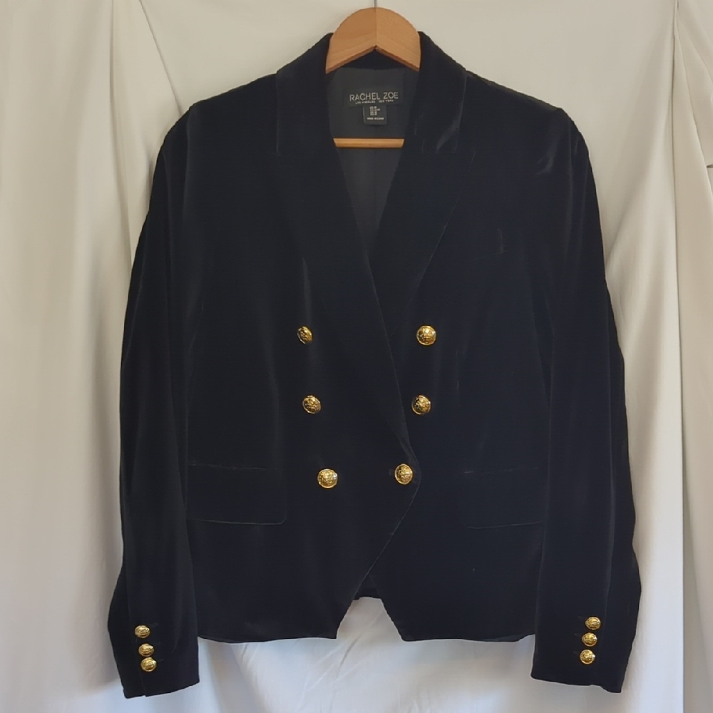Rachel Zoe Black Velvet Double-Breasted Blazer with Gold Buttons